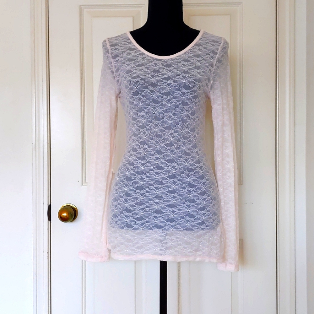 NWOT. Express Nylon and Spandex All Lace Long Sleeve Light Pink Blouse.
